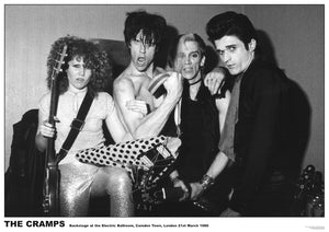 Black & white photo of The Cramps backstage at the Electric Ballroom, Camden Town, London 21st March 1980 36" x 24" poster
