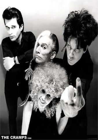 Black & white photo of The Cramps classic 1980 lineup of Poison Ivy, Lux Interior, Bryan Gregory and Nick Knox, showing a come-hither gesture from Lux and Ivy's lovely smile 36" x 24" poster