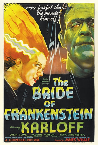 Bride of Frankenstein 24" x 36" vertical color movie poster featuring elsa lanchester and boris karloff in character makeup