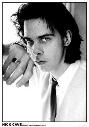 vertical 24" x 36" poster featuring black & white image of Nick Cave silhouetted in window at the Astoria Hotel, Brussels 1989