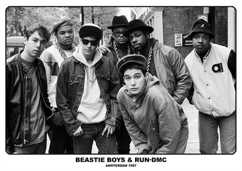 black & white phot image of The Beastie Boys and Run-D.M.C. in Amsterdam, 1987