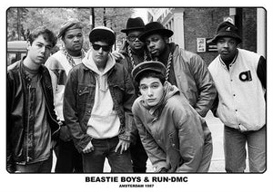 black & white phot image of The Beastie Boys and Run-D.M.C. in Amsterdam, 1987