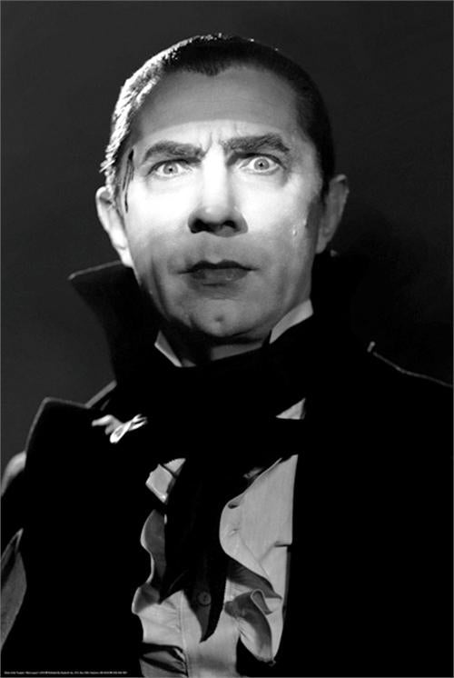 Vertical 24" x 36" black & white poster featuring photographic portrait of Bela Lugosi as Dracula