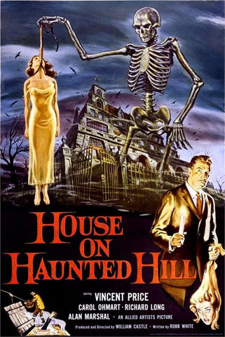 color illustrated 24" x 38" movie poster for 1959 Vincent Price film, House on Haunted Hill