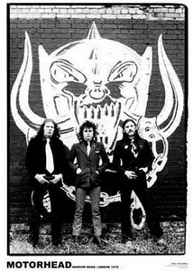 24" x 36" black & white poster of Motorhead on Harrow Road in London, 1979, photographed in front of Snaggletooth mural