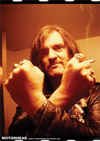 Motorhead's Lemmy Kilmister with crossed fists and lit cigarette, photographed in Copenhagen, 1987 24" x 36" poster