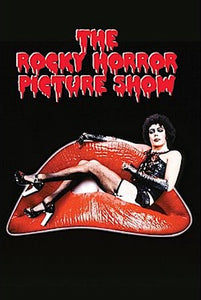 Rocky Horror Picture Show 24" x 26" poster featuring Tim Curry's Dr. Frank N. Furter lounging on Patricia Quinn's iconic lips beneath the dripping blood font movie title