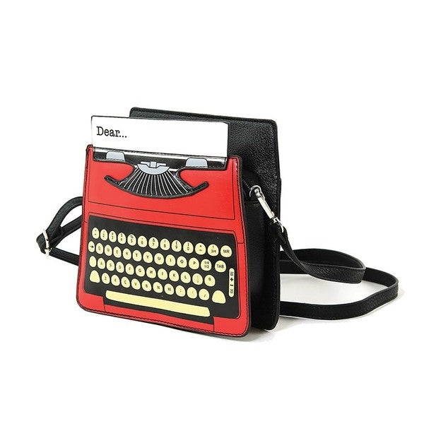 red, black, white vintage typewriter shaped novelty purse with "Dear..." greeting typed on started letter