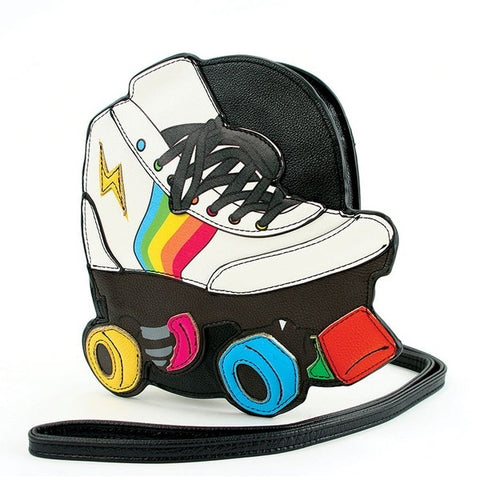 rainbow, lightning bolt design white black retro-style rollerskate shaped novelty purse detachable black strap