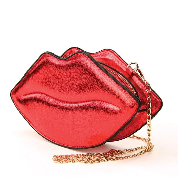 10" metallic red lips vinyl clutch purse with detachable gold metal chain strap and zipper closure