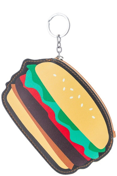 hamburger shaped 6" novelty printed vinyl coin purse with zip closure and keyring pull