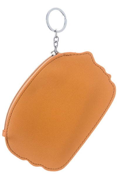 hamburger shaped 6" novelty printed vinyl coin purse with zip closure and keyring pull, shown solid tan back view