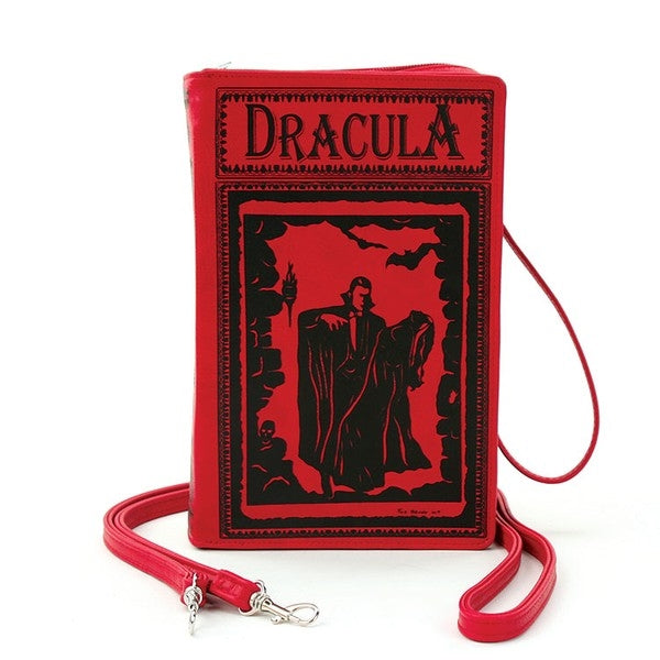9.25" textured red with black print book-shaped "Dracula" clutch purse with detachable wristlet and crossbody straps