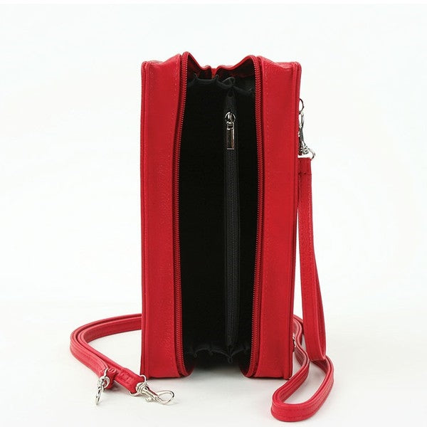 9.25" textured red with black print book-shaped "Dracula" clutch purse with detachable wristlet and crossbody straps