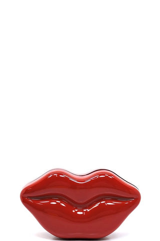 Glossy bright red acrylic lips (minaudiere) clutch with detachable gold chain strap