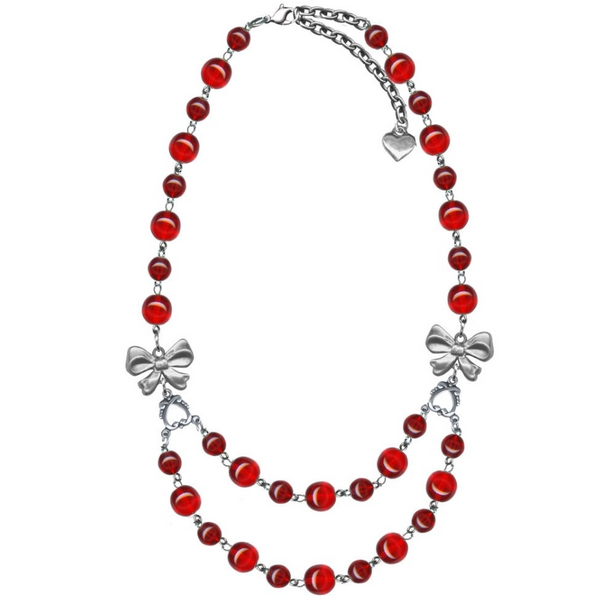 linked translucent round red beads 17" chain necklace with double strand center section anchored by silver metal bows
