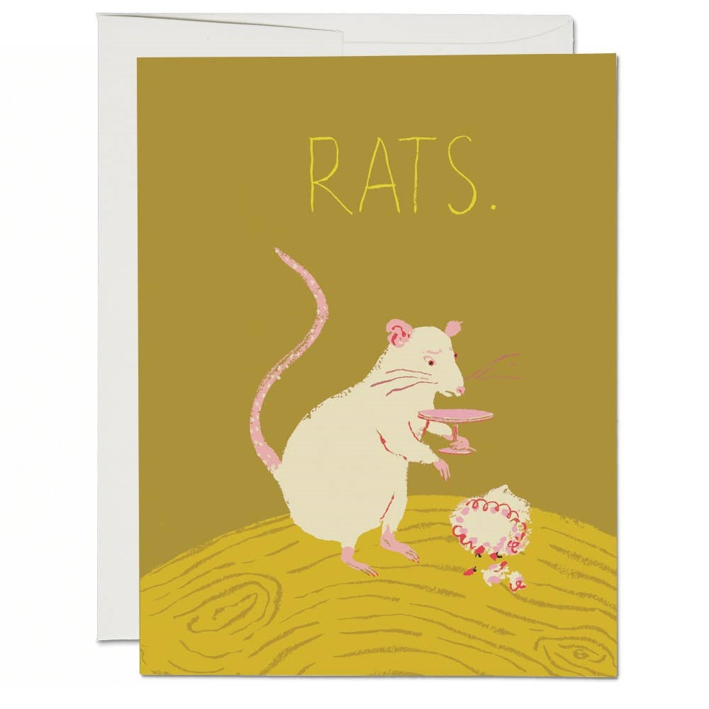 4.25" x 5.5" card Rats. text with sad white rat holding empyty cake stand cake on floor with olive green background illustrated image