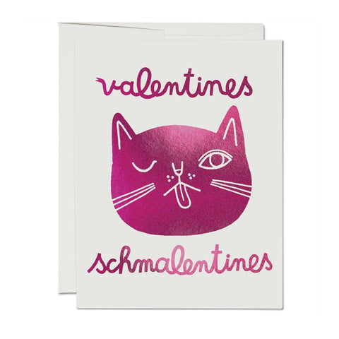 4.25" x 5.5" card with "Valentines Schmalentines" text pink foil kitty face with tongue out illustrated image on white background