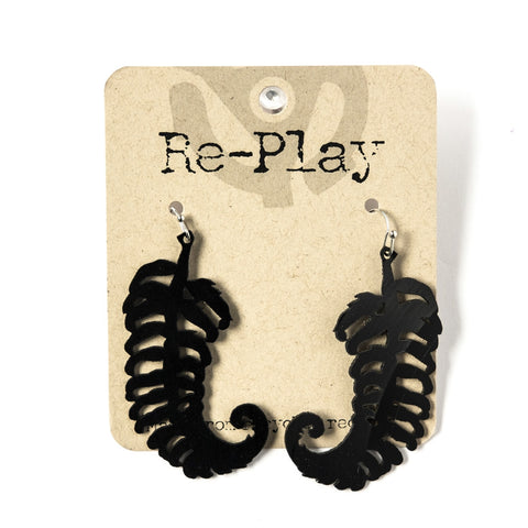 opposing pair 1 1/2" black curly fern frond earrings made from laser cut recycled vinyl records
