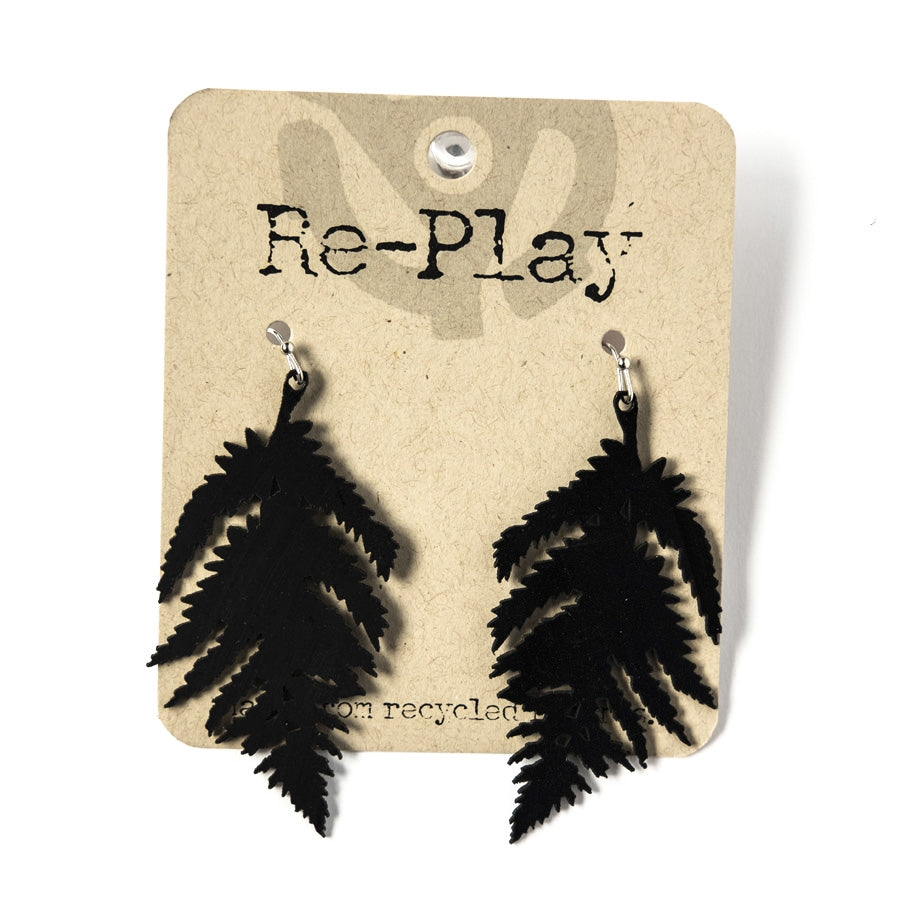 opposing pair 1 1/2" black fern frond earrings made from laser cut recycled vinyl records
