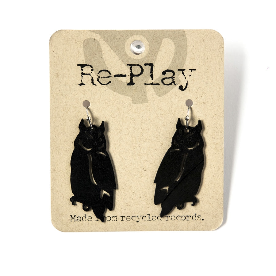 opposing pair 1 1/2" black owl earrings made from laser cut recycled vinyl records