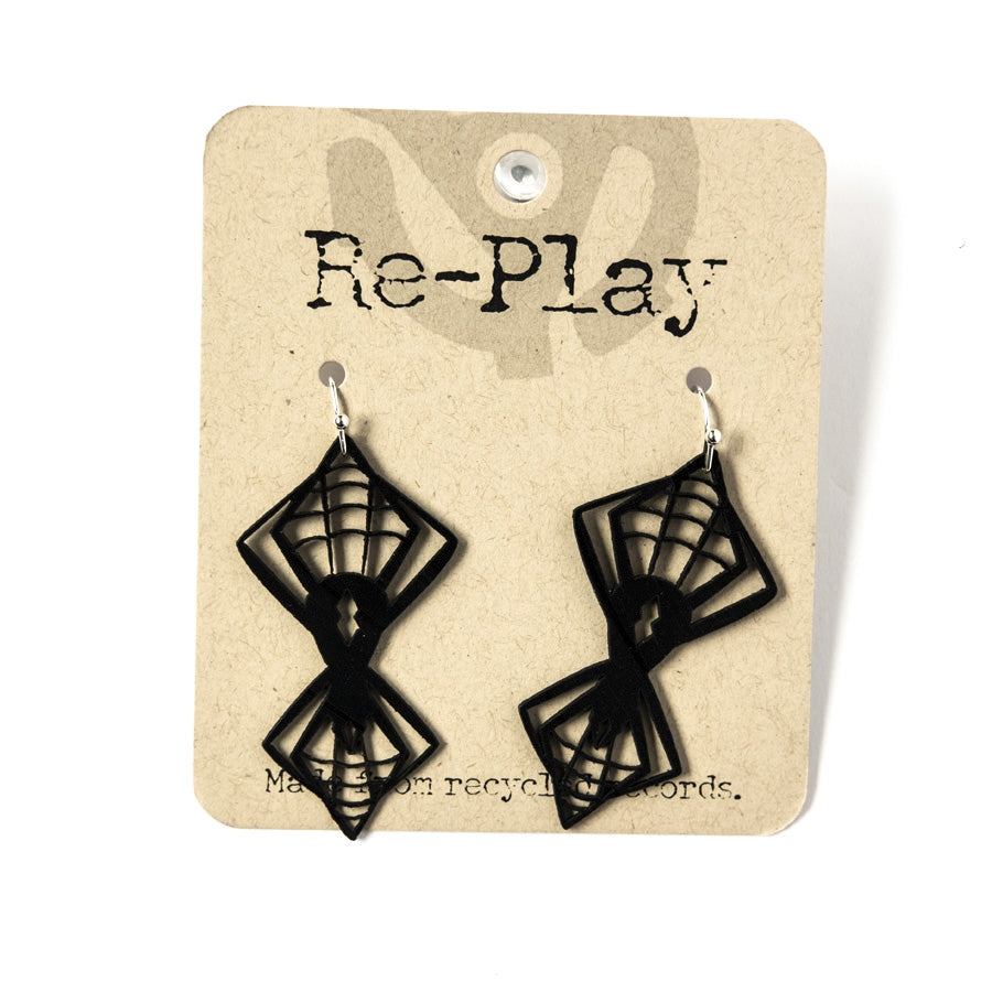 pair 2" recycled record laser-cut dangling black widow spider stylized hourglass shape