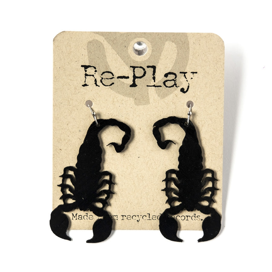 opposing pair 2 1/4 black scorpion earrings made from laser cut recycled vinyl records