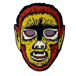retro Halloween style "Electric Wolfman" mask 1" x 1 1/4" enameled metal clutch back pin
