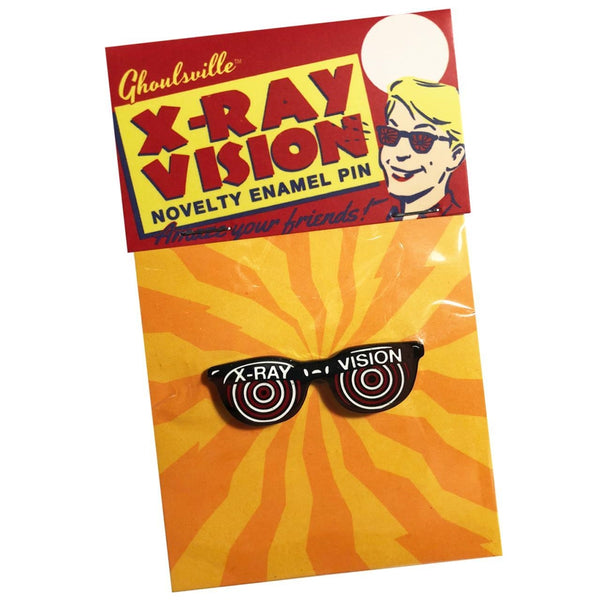 Classic novelty x-ray vision specs 1" x .5" enameled metal clutch back pin with retro packaging