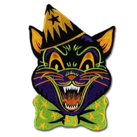 Vintage Halloween decorations inspired "Crazy Cat" black cat face with black orange pointy hat 3.5" x 5" embroidered patch