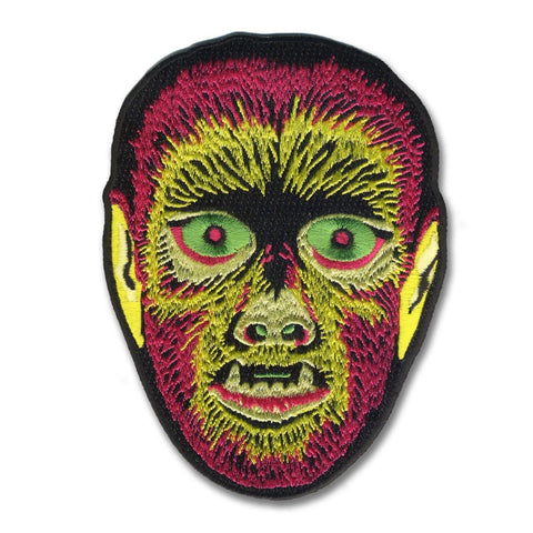 "Electric Wolfman" burgundy and yellow face 70s Halloween costume-inspired 4" x 4.5" embroidered patch