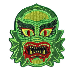 "Fish Face" green and red Creature from the Black Lagoon inspired 4" x 4.5" embroidered patch