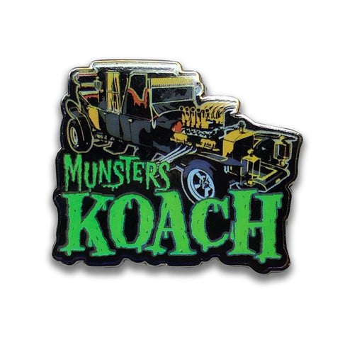 "Munsters Koach" enameled metal 1 5/8" x 1 3/8" clutch back pin, depicting hearse-bodied car built by George Barris for 60's TV show