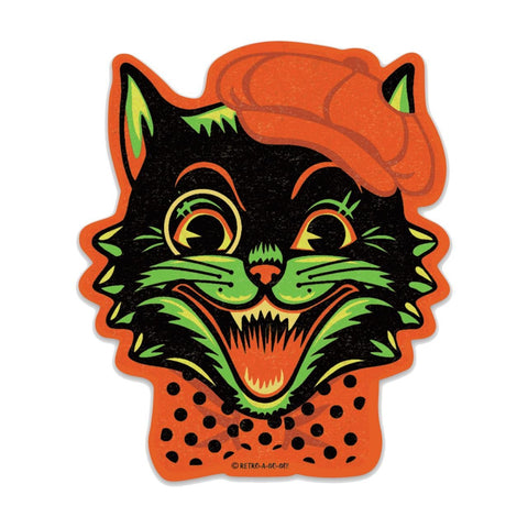 Vintage Halloween inspired "Cool Cat" black cat face orange bow-tie hat die-cut vinyl sticker 3 3/8" x 4"