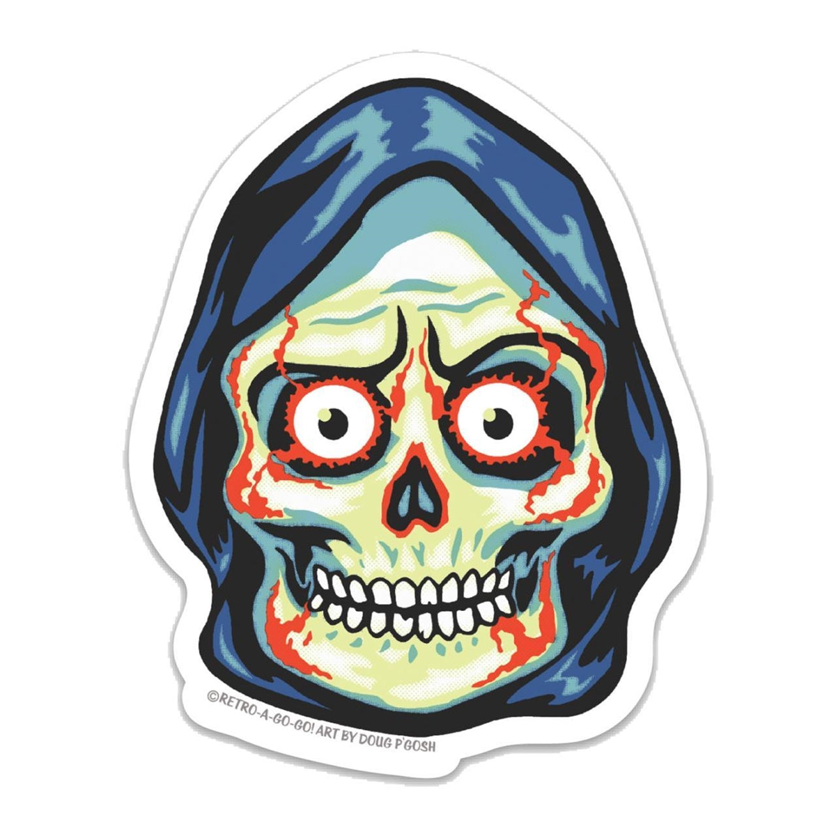 Vintage Halloween deco inspired "Beware, Death" grim reaper face die-cut vinyl sticker 3 1/4" x 4"