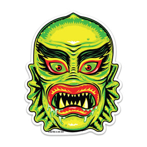 "Fish Face" green, red, and white swamp creature die-cut vinyl sticker 3 1/8" x 4 1/8"