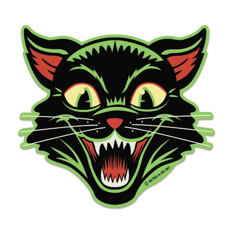 Vintage Halloween inspired "Frisky Kitty" black cat face die-cut vinyl sticker 4 1/8" x 3 3/4"