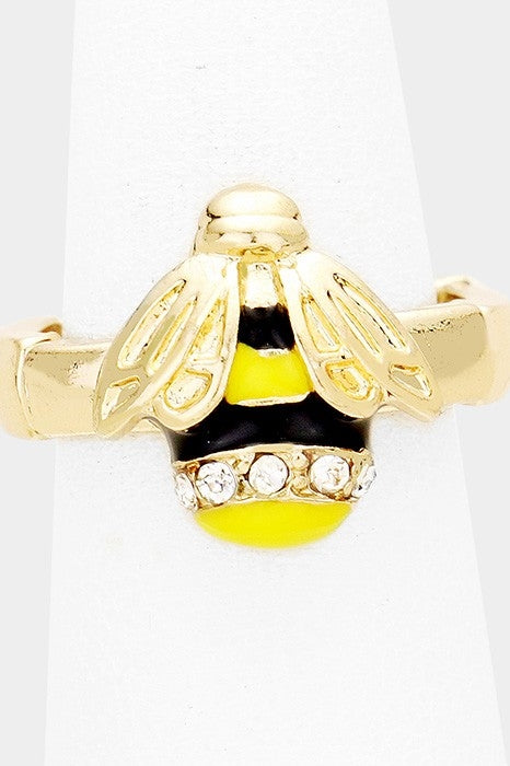 1/2" x 5/8" black & yellow enameled gold metal bee with sparkly rhinestone accent on adjustable stretch band