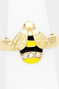 1/2" x 5/8" black & yellow enameled gold metal bee with sparkly rhinestone accent on adjustable stretch band