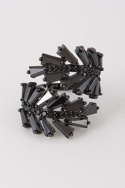 black metal and sparkly jet black jewels stylized leaf design cocktail ring