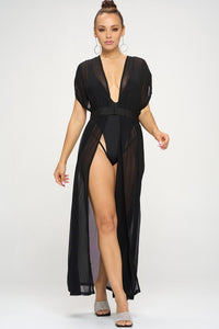 sleeveless sheer black mesh long open front robe cover-up, shown on model