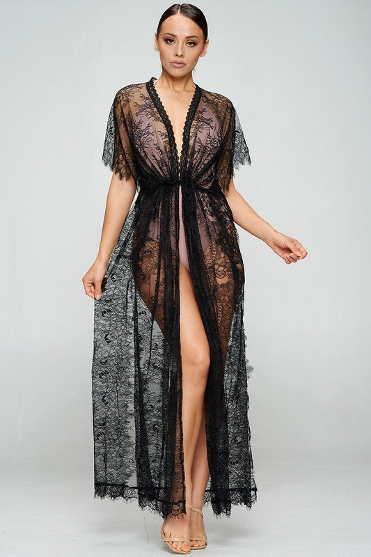 sleeveless sheer black floral lace long open tie-front front robe cover-up, shown on model
