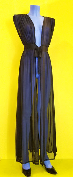 sheer black mesh sleeveless maxi length robe with 1 1/2" wide elastic waistband and self tie-front closure shown on mannequin