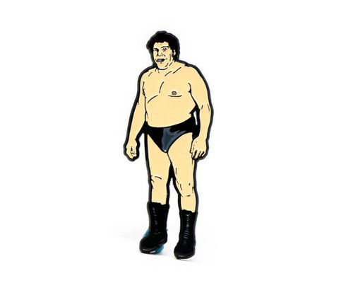 Andre the Giant standing in wrestling garb 7/8" x 2 1/4" enameled metal clutch-back pin