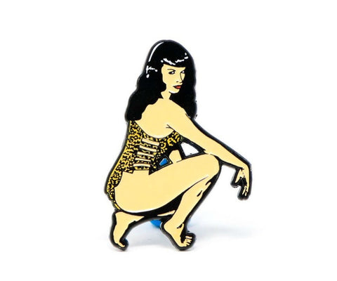 Bettie Page, Queen of Pinups, skin tone enameled black metal clutch-back pin, shown crouched in leopard print swimsuit 1 1/4" x 1 7/8" clutch-back pin