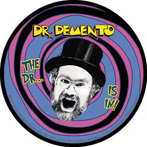Dr. Demento portrait with "THE DR... IS IN!" text 4" round vinyl sticker