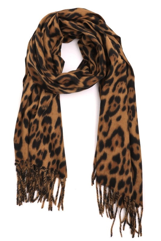 large 72" x 27" camel brown black leopard print 100% polyester scarf with fringe
