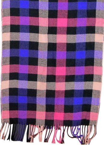 78" x 20" hot pink, light pink, purple & black check plaid 100% Acrylic scarf with fringe