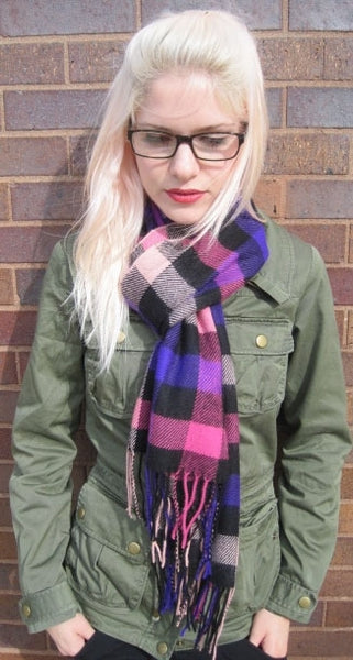 78" x 20" hot pink, light pink, purple & black check plaid 100% Acrylic scarf with fringe, shown on model