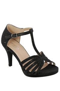 women's black jeweled glitter t-strap open toe shoe with 3" heel